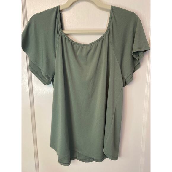NWT MONTEAU Short Sleeve Top Blouse Large Moss Green Button Up Bell Sleeves - Picture 3 of 4